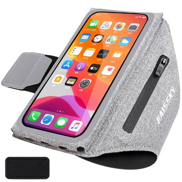 Чохол-тримач для телефону на руку Razobws для бігу з кишенею для навушників, сумісний з iPhone 17 16 15 14 13 12 11 Pro Max, Galaxy S24 S23 Ultra, чорний/сірий (до 6.8 дюймів)