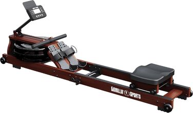 Гребний тренажер GORILLA SPORTS® з водним опором, складаний, компактний, з Bluetooth, роликами, 6 рівнів опору, сумісний з додатком, з дерева. Ідеально для дому.