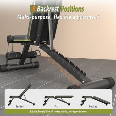 Регульована лава для тренажерного залу вдома, складана лава для занять спортом на 317,5 кг з 9 положеннями спинки, універсальна лава для жиму з можливістю нахилу та регулювання, з 2 еластичними стрічками