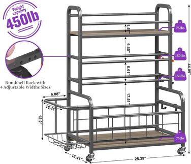 Стійка для гантелей Homeiju: зберігання гантелей, гир, йога-матів, з колесами та гачками (сіра)