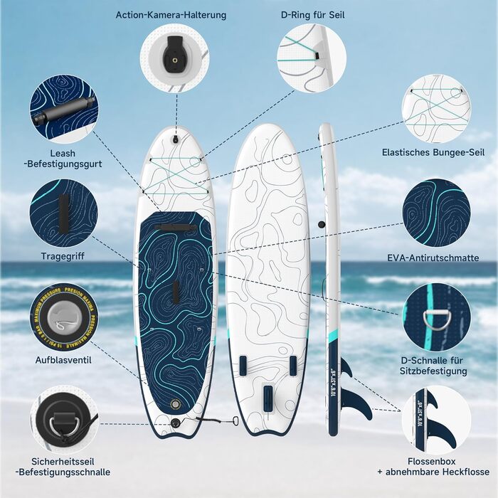 Надувний SUP-борд JUMMICO 320x80x15 см з каяковим сидінням та веслом, до 160 кг, для серфінгу, риболовлі, йоги (бірюзово-білий з хвилями)