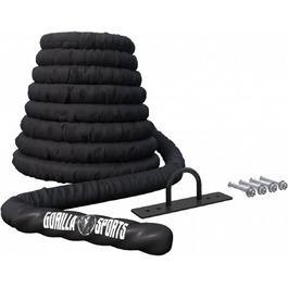 GORILLA SPORTS Батл-роуп для фітнесу, 9/12/15 м, Ø 38/50 мм, нейлон, з настінним кріпленням, чорний – тренувальне канатне для кросфіту, силових вправ, нарощування м’язів