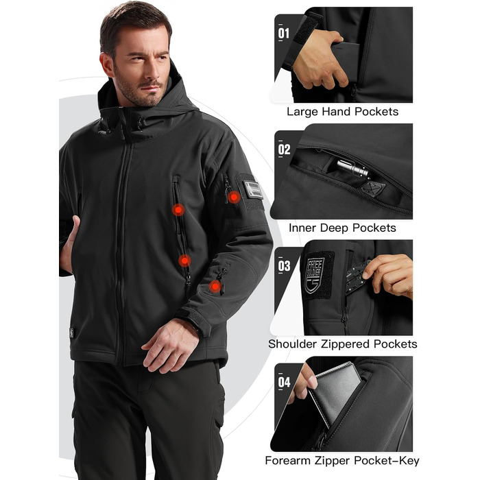 Чоловіча зимова тактична куртка FREE SOLDIER Military Softshell: водонепроникна вітрозахисна куртка з флісовою підкладкою та капюшоном для полювання та outdoor, р. L, темно-чорна