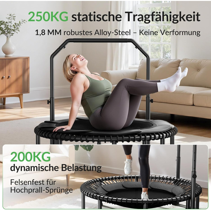 Міні-батут BCAN для дорослих, 102/122 см, до 204/250 кг, з бунжеєвими тросами, регульованою ручкою, стабільний, тихий, для дому та вулиці, тренування всього тіла, релаксація, зелений (122см, 122см-чорний з м'якою обшивкою)