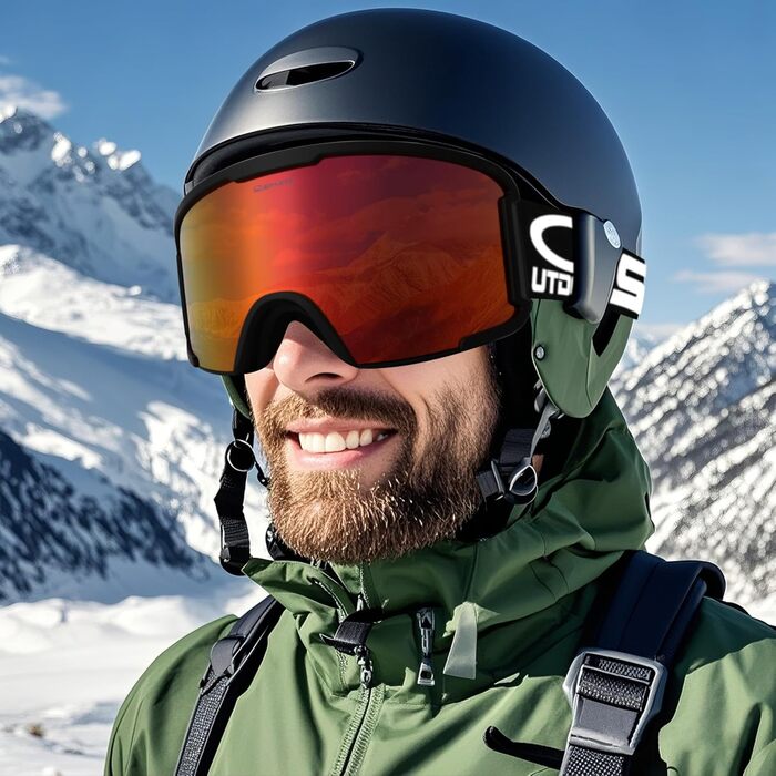 Скі-маска OUTDOORSPARTA для дорослих, сноуборд маска для носіїв окулярів, чоловіча/жіноча, UV-захист, сумісна з шоломом, чорний каркас, дзеркальна лінза червоного кольору