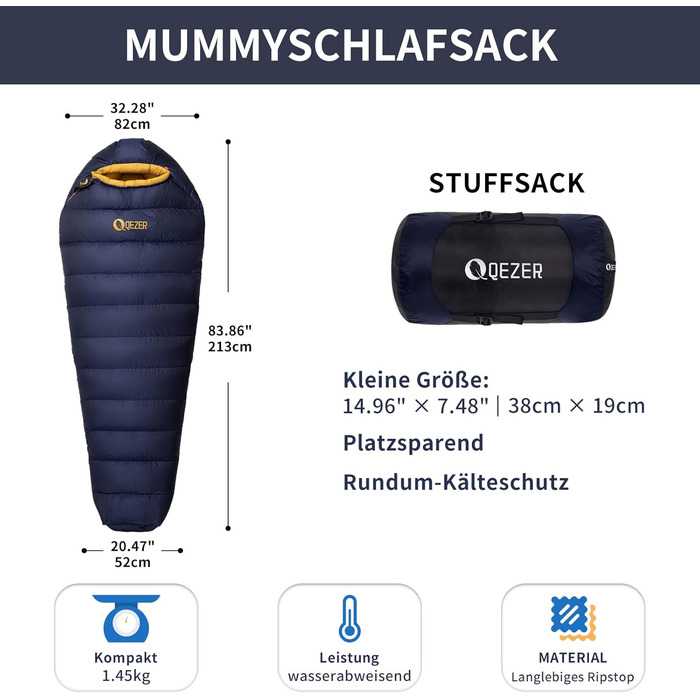 Спальний мішок зимовий Daunenschlafsack з графеновим покриттям -24°C, 1450г, 620FP, темно-синій, для кемпінгу, трекінгу та походів