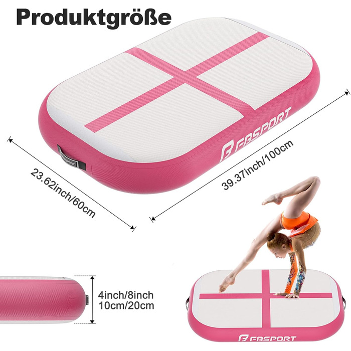 FBSPORT Килимок для гімнастики та йоги, 60x100x20 см, рожевий, з насосом та сумкою