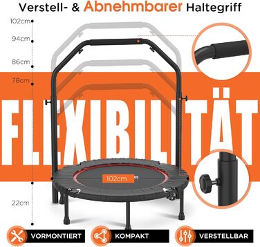 Трамплін для фітнесу DH FitLife складний, Ø102 см, 150 кг, 4 рівня регулювання ручки, стабільний та тихий для дітей та дорослих