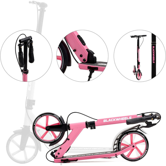 Самокат Blackwheels Orio Cityroller 200мм: складаний, алюмінієвий, з регулюванням висоти, ремінцем, ABEC 7, антиковзким деком (Чорно-Рожевий)