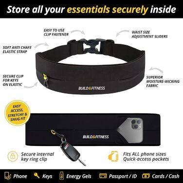 Сумка-пояс для бігу та фітнесу Build & Fitness з регульованим поясом, тримачем для ключів, чорна (60-122 см)
