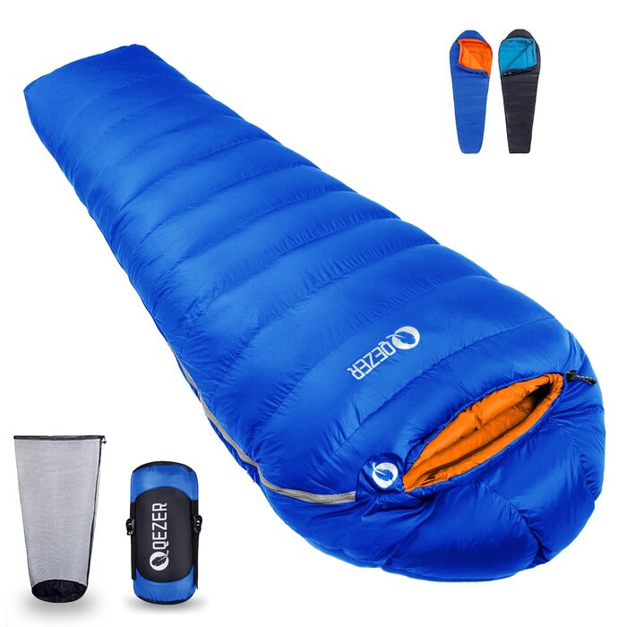 Спальний мішок пуховий Daunenschlafsack зимовий 0°C до -23°C для дорослих та дітей, 4 сезони, синій сапфір, 800 г пуху, комфортна температура 7°C
