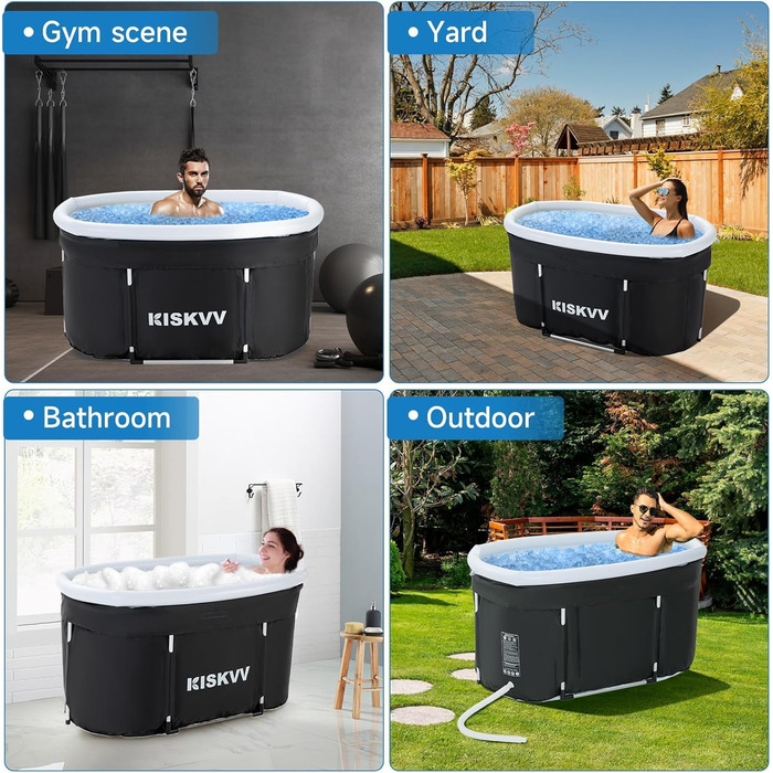 Еліптична ванна для льодяного душу з кришкою, складана ванна KISKVV для дорослих, ізольована ємність для льодяної терапії (115x55x57 см)