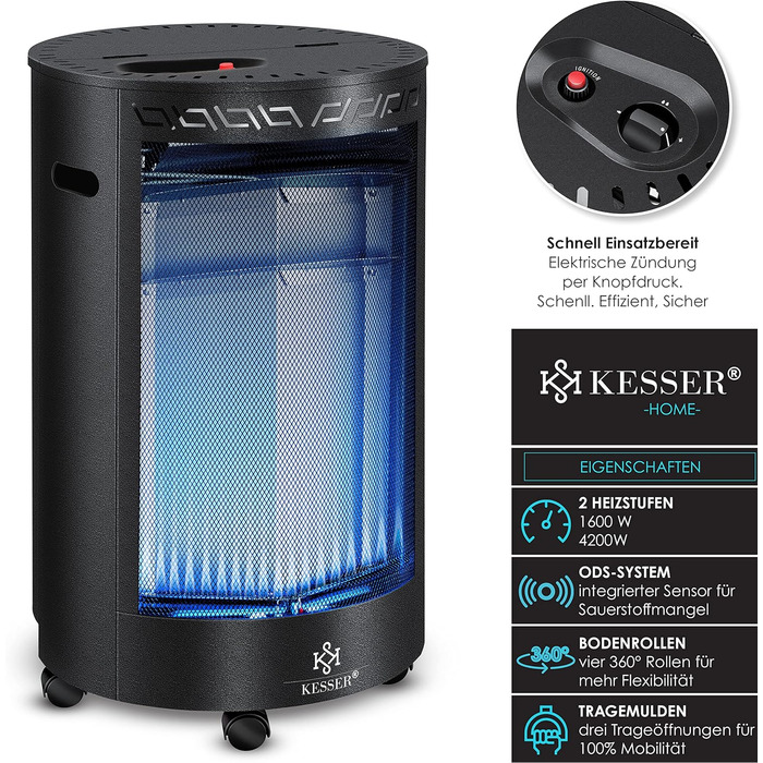 Газовий обігрівач KESSER® з керамічним інфрачервоним нагрівачем 4200 Вт (з газовим редуктором та шлангом) - газовий нагрівач, чорний