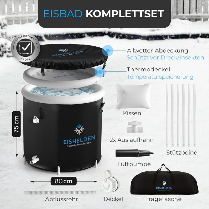 Електричне крио-ванна для спорту та початківців, 80 см, повний комплект - криотерапія вдома. Чорна емальована ванна з 5 шарами ізоляції