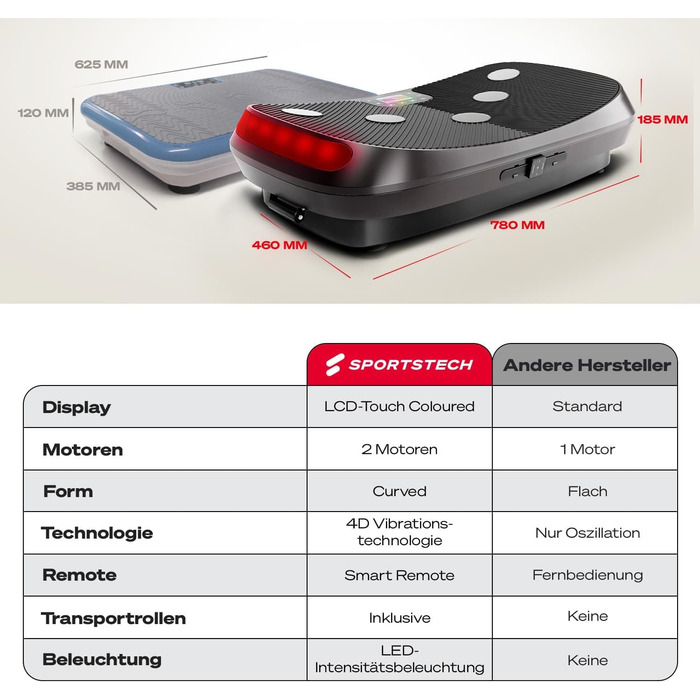 Платформа для вібрацій Sportstech 4D VP400 з LED, тренувальні стрічки та мотузки, для дому, до 120 кг, чорний
