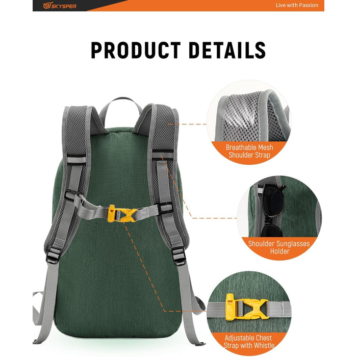 SKYSPER 20L складаний рюкзак для туризму, ультралегкий рюкзак для подорожей, денний рюкзак для походів, кемпінгу, зелений