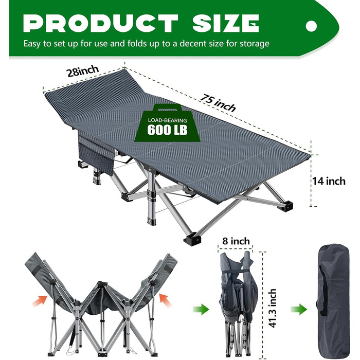 Розкладне ліжко ZIKEBTUY для кемпінгу та відпочинку: міцне, з матрацом, 190x71x36 см (сірий)