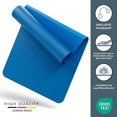 Йога-мат LILENO SPORTS 180x60 см, синій, з ременем, антиковзка фітнес-мат для спорту, гімнастики та йоги, товщина 4 мм, для дому та залу