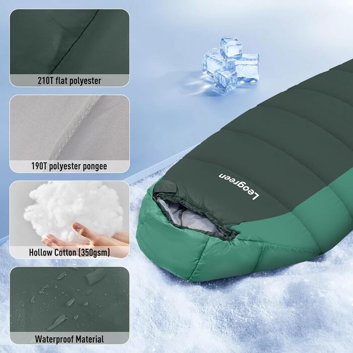 Спальник Leogreen пуховий для дорослих, 3-4 сезони (-15℃ ~ +5℃), 300 GSM, 1800г, для кемпінгу, туризму та альпінізму, 210x80x35 см (Зелений)