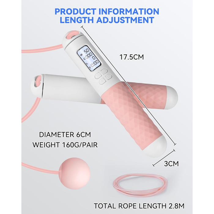 Стрибкове канат iMoebel з лічильником, регульований, швидкозмінний, сталевий трос, антиковзні ручки, підрахунок калорій, таймер для фітнесу, боксу, схуднення, кросфіту, рожево-білий