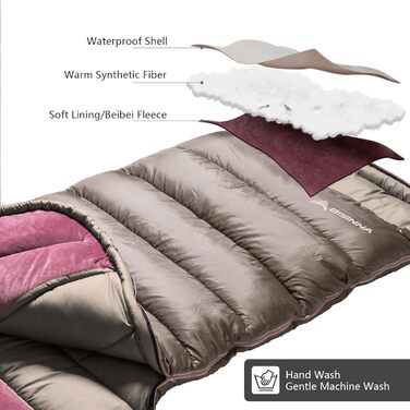 Спальний мішок BISINNA зимовий для дорослих 0°C, XL - великий та широкий, 3,5 кг, для кемпінгу та зимового відпочинку (230x90 см)