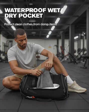 Спортивна сумка Tolaccea з відділенням для взуття та мокрого одягу, 47L, чорна. Ідеальна для фітнесу, тренувань, басейну та подорожей