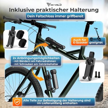 Замок для велосипеда MIVELO, складний, висока безпека, 85 см, з ключем та кріпленням. Підходить для електровелосипеда, MTB та шосе