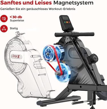 Дріпекс - тренажер для дому, бігова доріжка для веслування, до 160 кг, 16 рівнів опору, Bluetooth, LCD, тихий, чорний