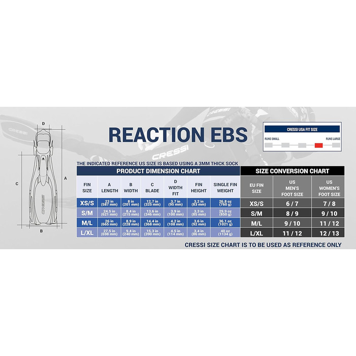 Ласти для дайвінгу Cressi Reaction EBS з відкритою п’ятою, банджі-ремінь, L-XL, сині, Італія