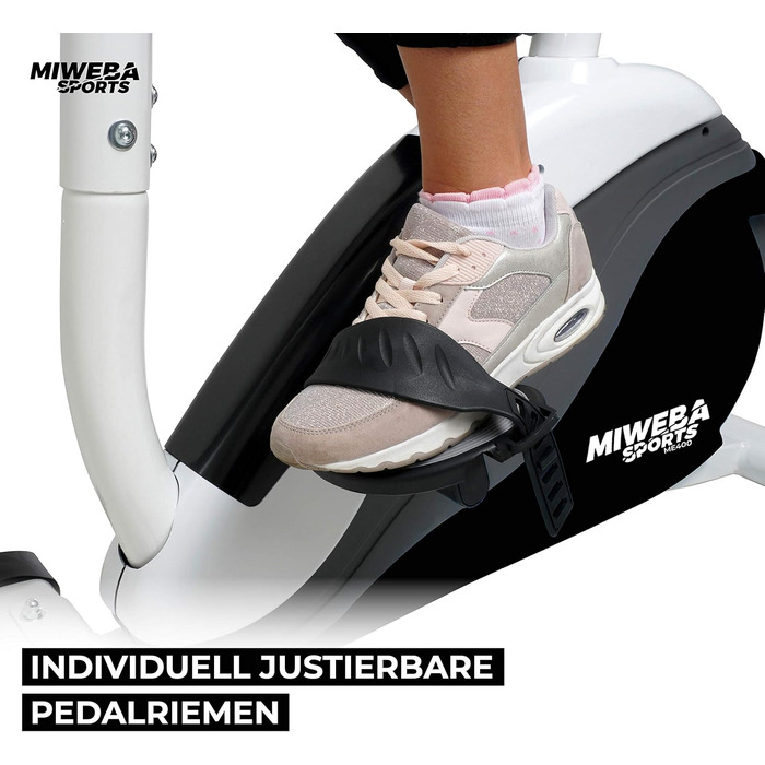 Велотренажер Miweba Sports ME400 з магнітним опором, 12 кг маховик, до 150 кг, LCD-дисплей, керування через додаток, пульсометр, для дому, чорний/білий