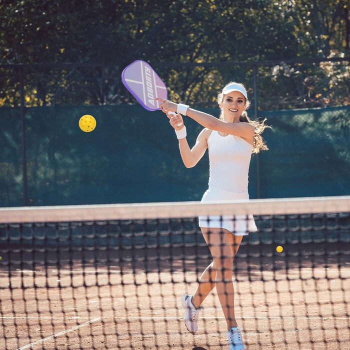 Набір для піклболу: 4 ракетки з графіту, USAPA, преміум-якість, з фацеровою поверхнею та полімерним ядром, 4 м'ячі та сумка, фіолетовий та зелений