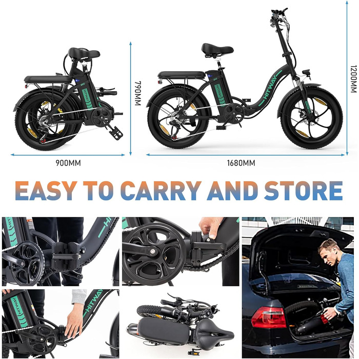 Електровелосипед HITWAY 20 дюймів Fat Tire, складаний, 250W, 36V, 12Ah, запас ходу 35–90 км