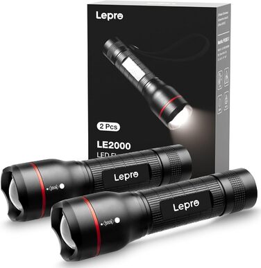LED ліхтарик Lepro LE2000: 5 режимів, Zoom, водонепроникний, для кемпінгу, риболовлі, туризму, подарунок (2 шт.)
