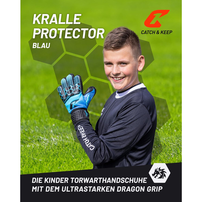Дитячі воротарські рукавички CATCH & KEEP® Protector із захистом пальців, преміум-якість, сині, розмір 3, посилене зчеплення
