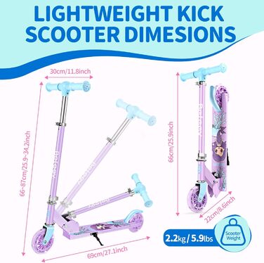 Дитячий самокат BELEEV V1Pro, складаний, з LED колесами, 4 рівні висоти, 2-колісний, для дівчаток і хлопчиків 3-12 років