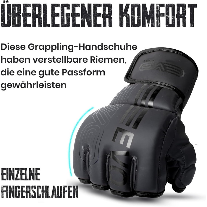 Рукавички для ММА EVO Fitness: чоловічі та жіночі, для тренувань, боротьби, спарингу, карате, Taekwondo, боксу, Muay Thai, кікбоксингу. Чорний колір