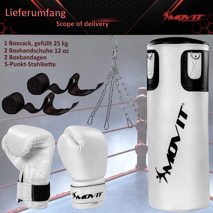 Набір для боксу MOVIT 25 кг: боксерський мішок 80x30 см, рукавички 12oz, бинти, для дорослих, чорний/білий