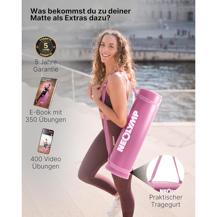 NEOLYMP Fitness Mat - Товста та неслизька фітнес-мат з E-book та ремінком - для йоги, пілатесу, тренувань (Рожева, 61 см)