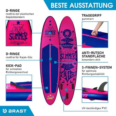 BRAST SUP-дошка надувна 320x81x15 см, комплект: 2-в-1 весло, каяк-сидіння, кріплення для екшн-камери, ремінець, рюкзак, 5 років гарантії, 6 дизайнів