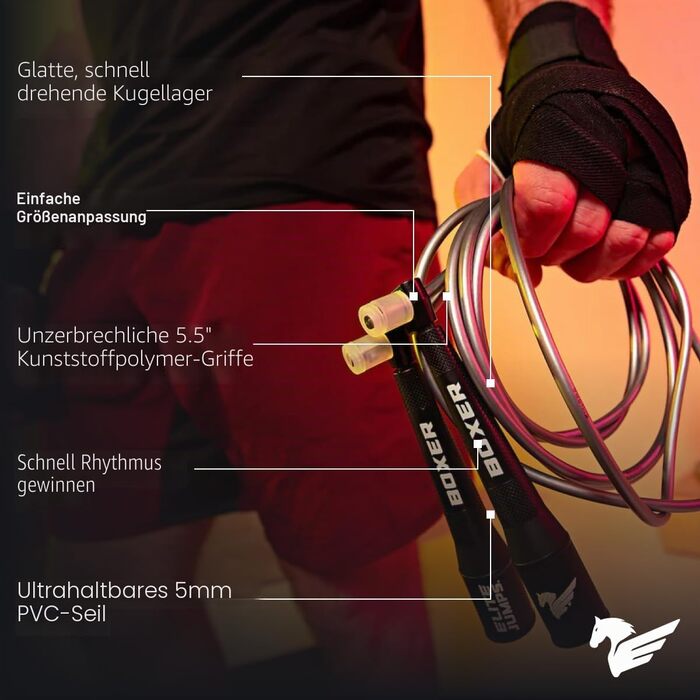 Стрибальний скакалка Elite Jumps Boxer 3.0 для дорослих, PVC Speed Rope для боксу, кросфіту та кардіо, регульована, чорна