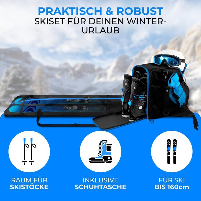 Набір для лижного спорядження STYNGARD: мішок для лиж (120-160 см) та чохол для лижних черевиків з відділенням для шолома (40 л), St. Moritz (чорний-синій)