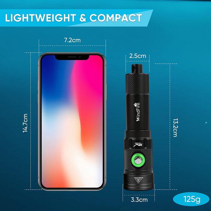 Водонепромісний ліхтар WINDFIRE Tauchschein для дайвінгу та снорклінгу, IPX8, 4 режими, індикатор заряду, перезаряджається