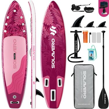 SUP дошка Solavero надувна з комплектом, 323x83x15 см, до 200 кг, рожевий джунглі - для початківців та сімей