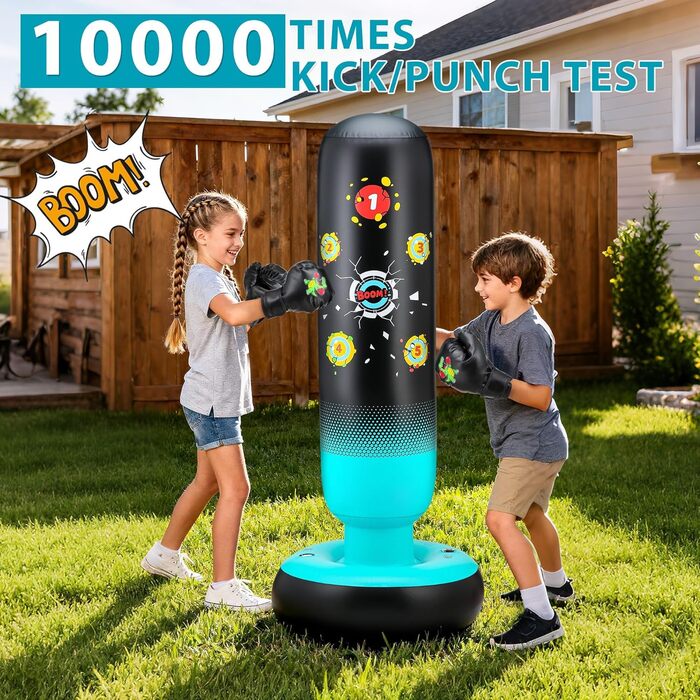 Дитячий боксерський мішок з боксерськими рукавичками та насосом, 165 см, стабільний динозавр та мішень, 2 в 1, надувний боксерський мішок для дітей, комплект для тренувань, подарунок для хлопчиків та дівчаток 3-12 років