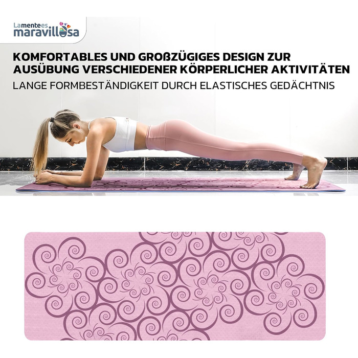 Килимок для гімнастики та йоги LA MENTE ES MARAVILLOSA з неслизькою поверхнею, сумкою та електронною книгою з вправ. Посилений, з TPE, 183x61 см (рожевий+синій)