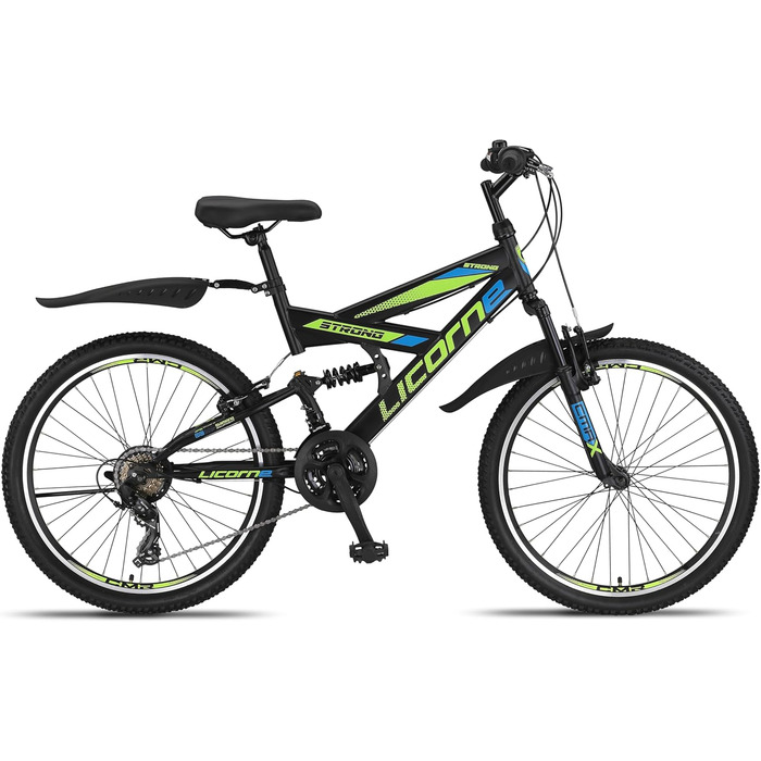 Гірський велосипед Licorne Bike PREMIUM Strong V 24 дюйми, 21 швидкість, повна амортизація, чорний/синій/лайм, для хлопців, дівчат, жінок і чоловіків