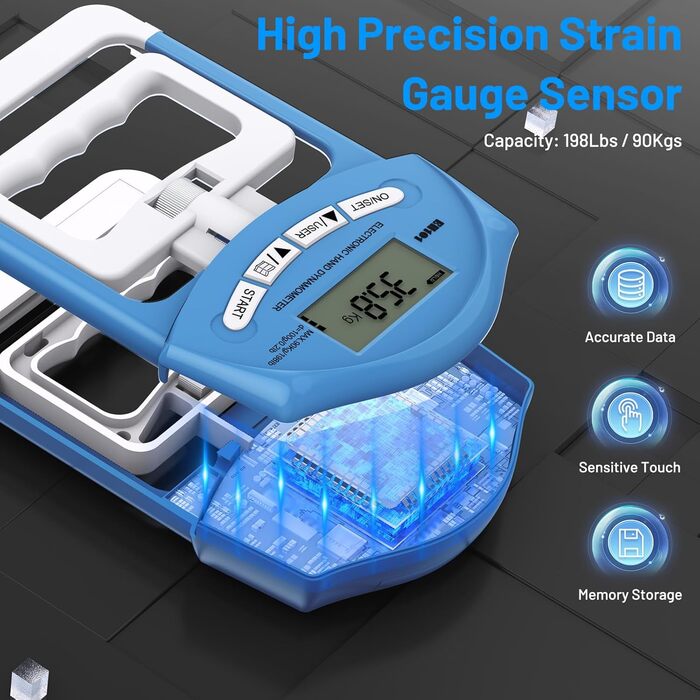 Електронний динамметр Kuptone 90 кг / 200 фунтів, посилення хватки, 19 наборів плат, блакитний