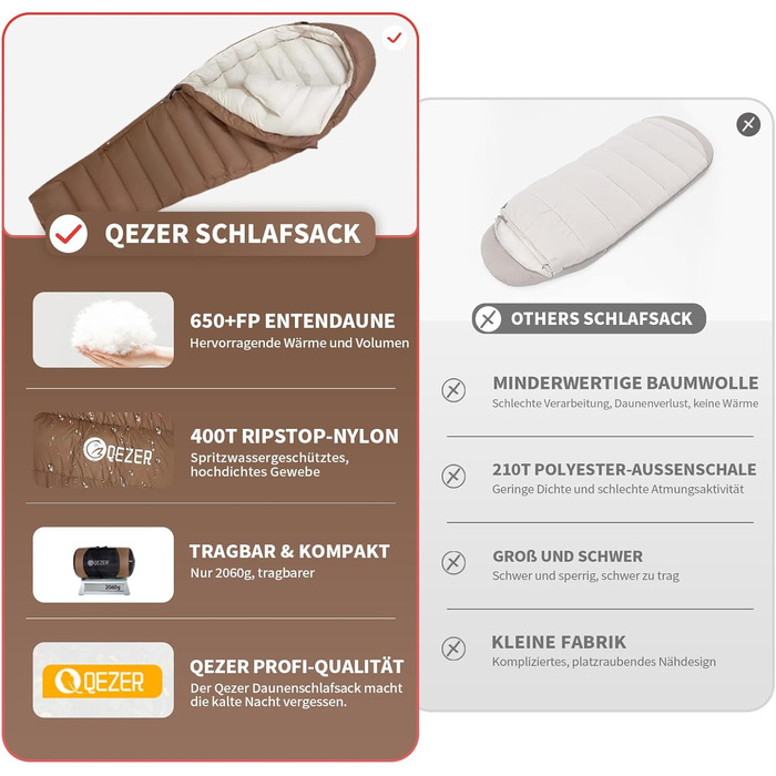 Спальний мішок Daunenschlafsack: теплий зимовий спальник з гусячим пухом 650 fill power. Сертифікований RDS. Температурний режим: від 8°C до -30°C. Ідеально для кемпінгу та альпінізму. Чорний (-10°C), Коричневий (-10°C)