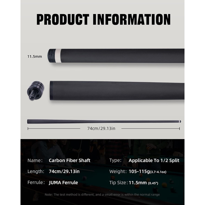 Карбоновий шафт для більярдного кия KONLLEN BlackShaft Radial 11.5 мм, Low Deflection, Pro-Taper, поміранчева накладка, з'єднання 3/8×8 або Uni-Loc, 74 см