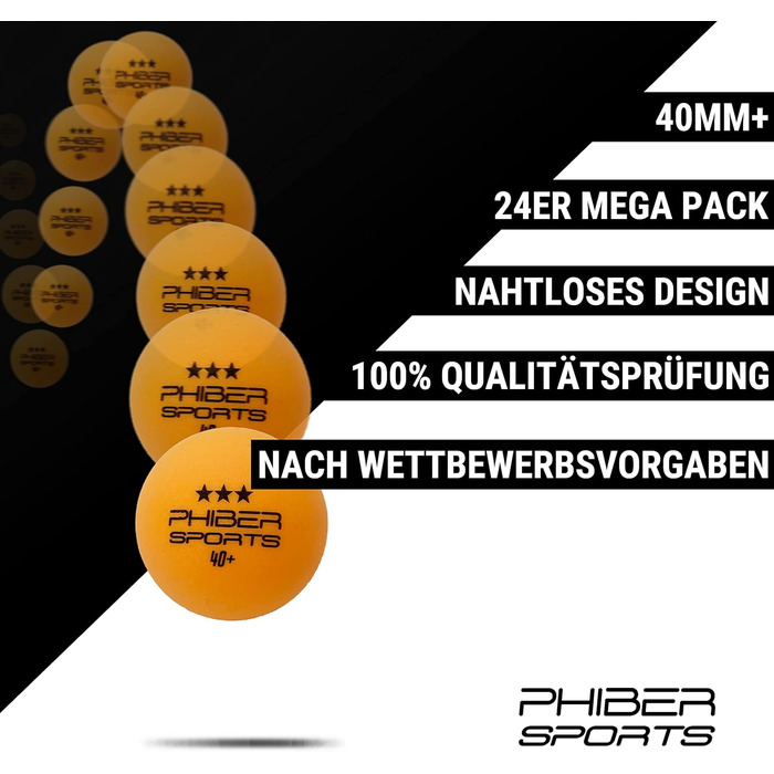 PHIBER-SPORTS 24 тенісні м'ячі для настільного тенісу - 3 зірки 40+ Premium помаранчеві – ідеальні ігрові характеристики. Підходять для початківців, сімей та професіоналів. Відповідають правилам змагань